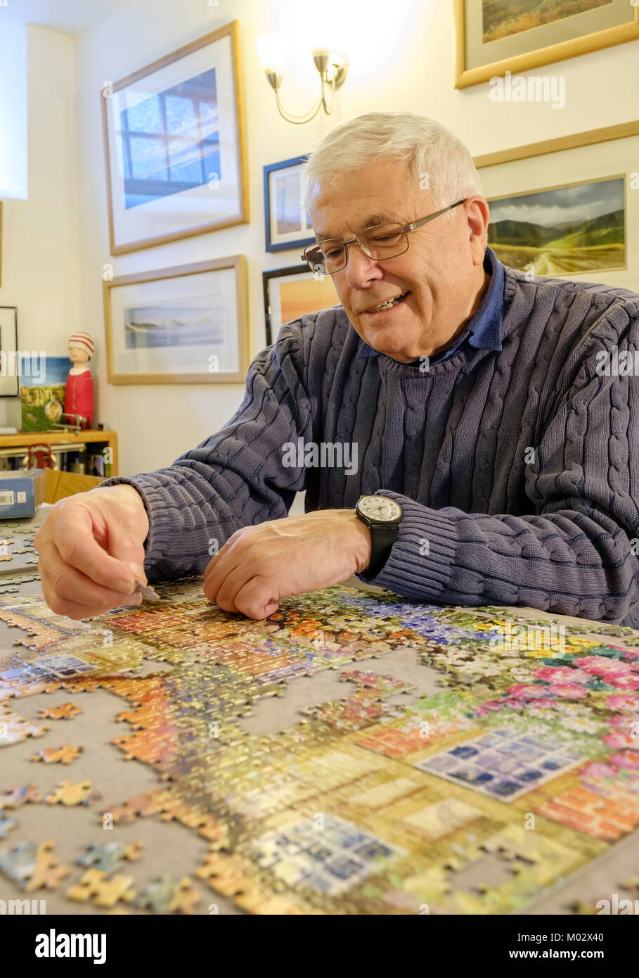 Vecchio Uomo al lavoro su un puzzle REGNO UNITO Foto Stock