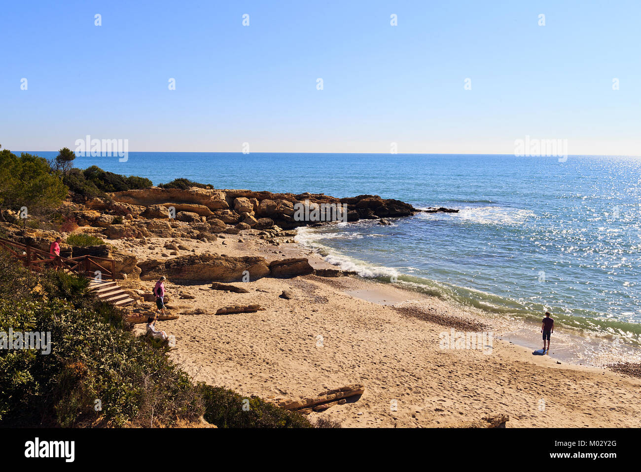 Piccola baia di Cala Blanca, Alcossebre, Costa de Azaha, Spagna Foto Stock