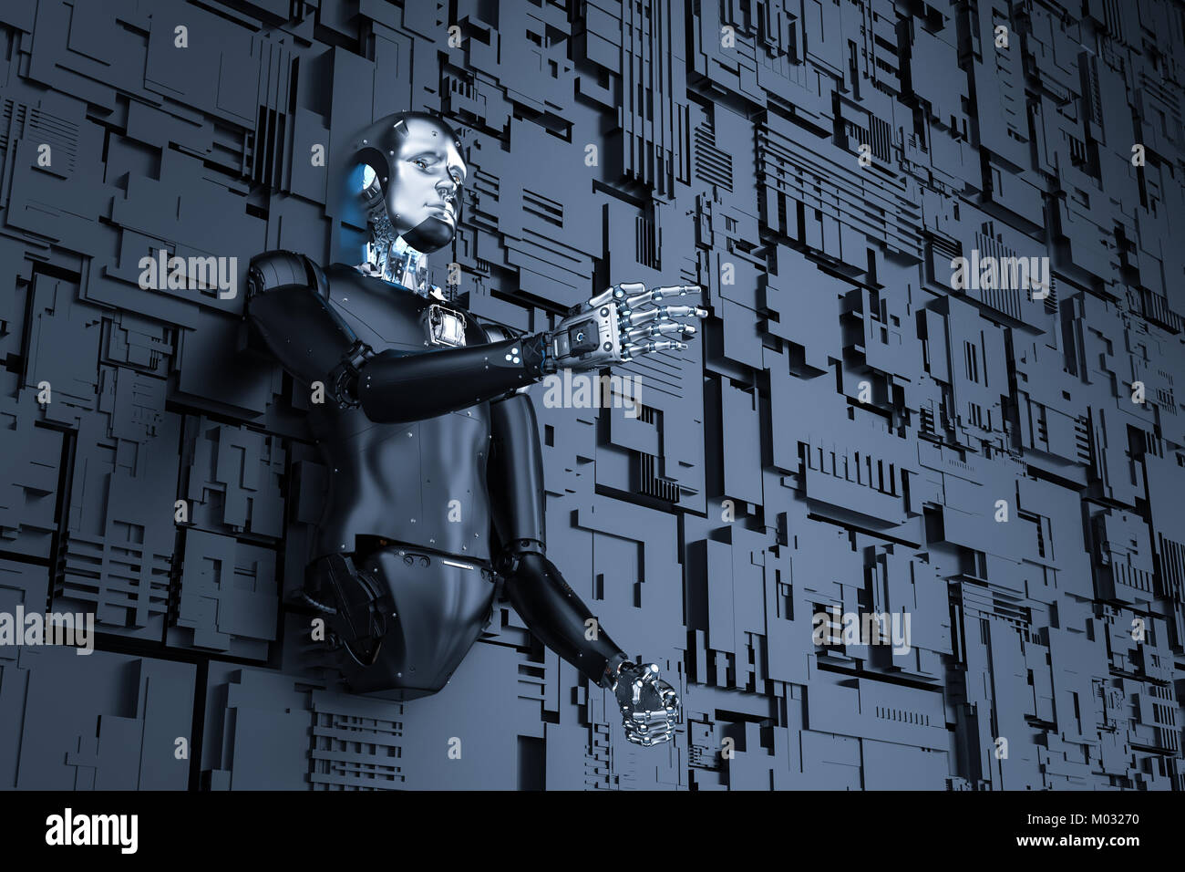 3D rendering androide robot con la parete metallica sullo sfondo Foto Stock