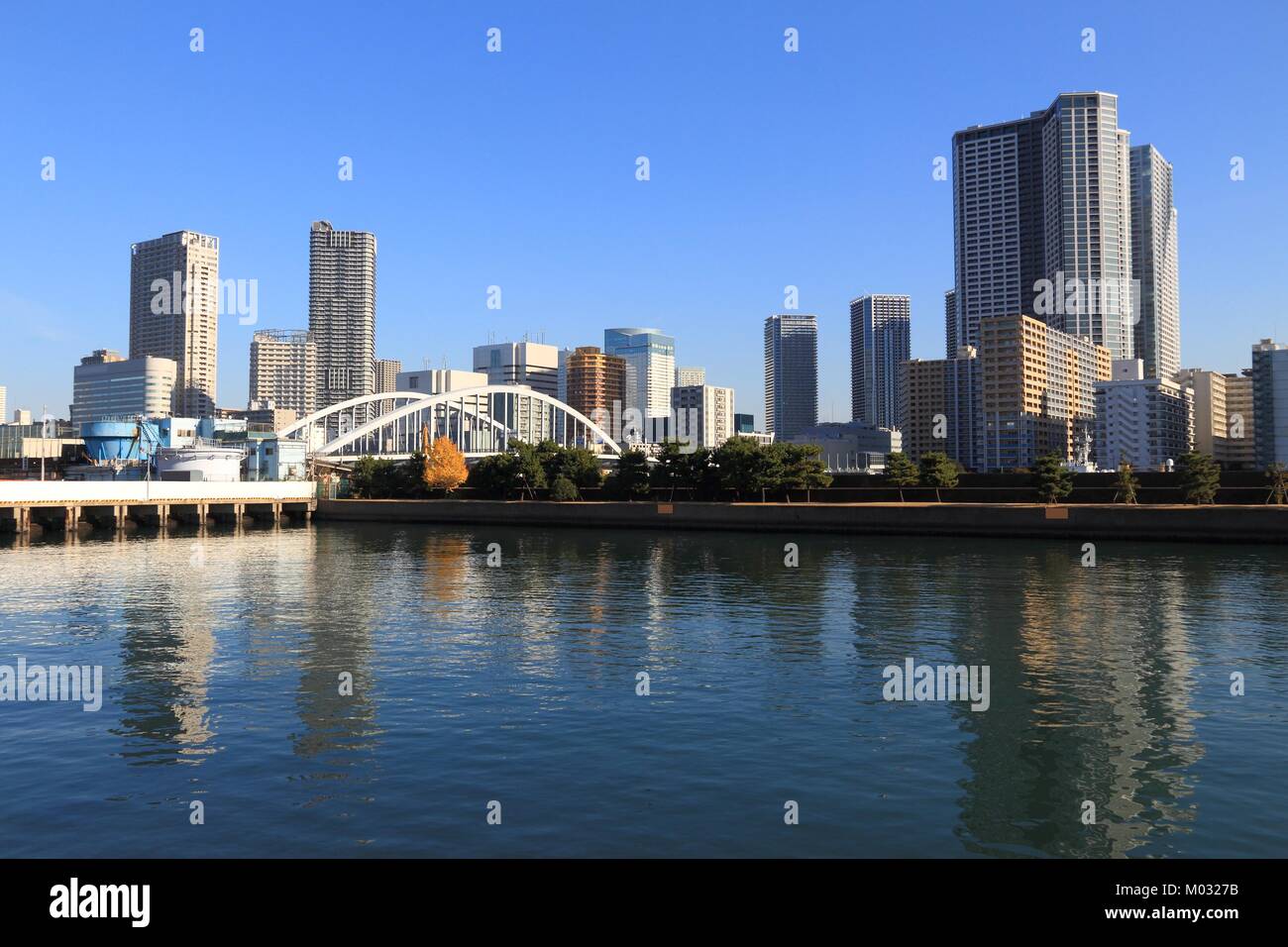 Lo skyline di Tokyo - moderni quartieri residenziali con alti edifici di appartamenti a Kachidoki. Foto Stock
