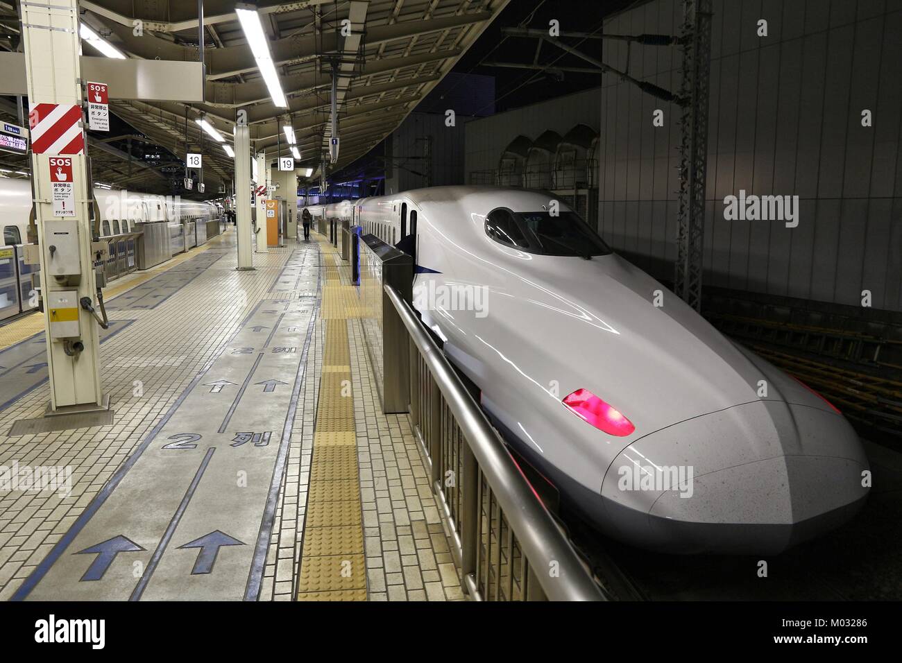 TOKYO, Giappone - 28 novembre 2016: Tokaido Shinkansen bullet train alla stazione di Tokyo, Giappone. Percorso di Tokaido è servita da Hikari e Nozomi Shinkansen tra Foto Stock