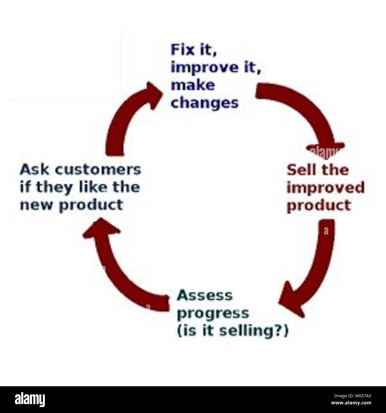 Un ciclo di feedback aziendale è un processo in cui gli output di un'azienda vengono cerchiati come input per migliorare prodotti, servizi o processi. Questo sistema iterativo migliora il processo decisionale e le prestazioni. Foto Stock