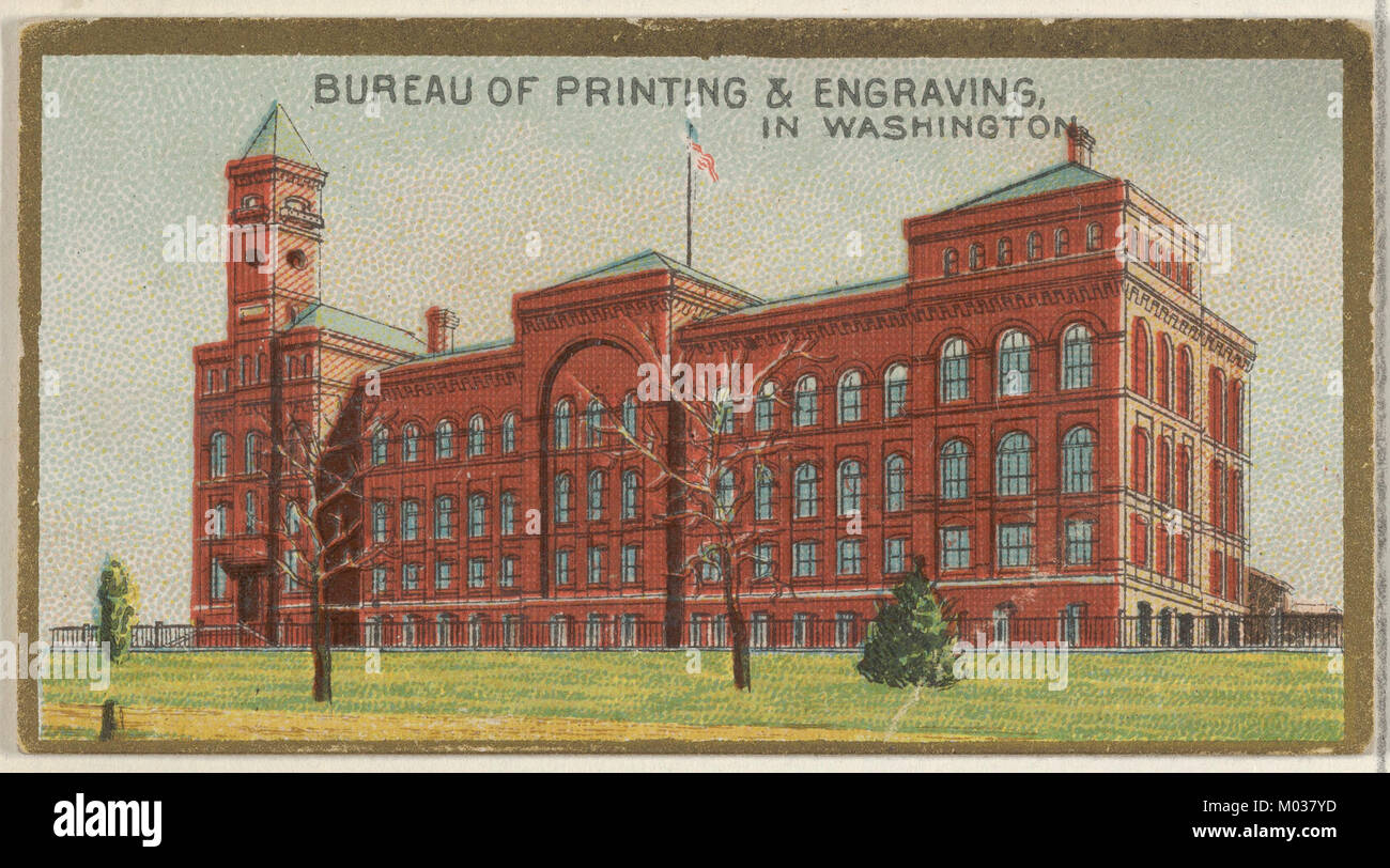 Il Bureau of Printing & Engraving di Washington fa parte della serie General Government and State Capitol Buildings della Allen & Ginter Cigarettes Brands. Questa carta da collezione presenta un'immagine del Bureau, che cattura il significato storico del ruolo dell'edificio nella produzione di valuta statunitense. Foto Stock