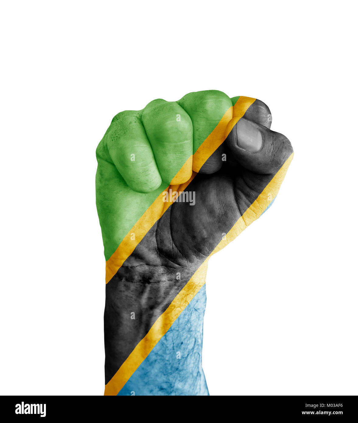 Bandiera della Tanzania dipinta sul pugno umano come simbolo della vittoria Foto Stock