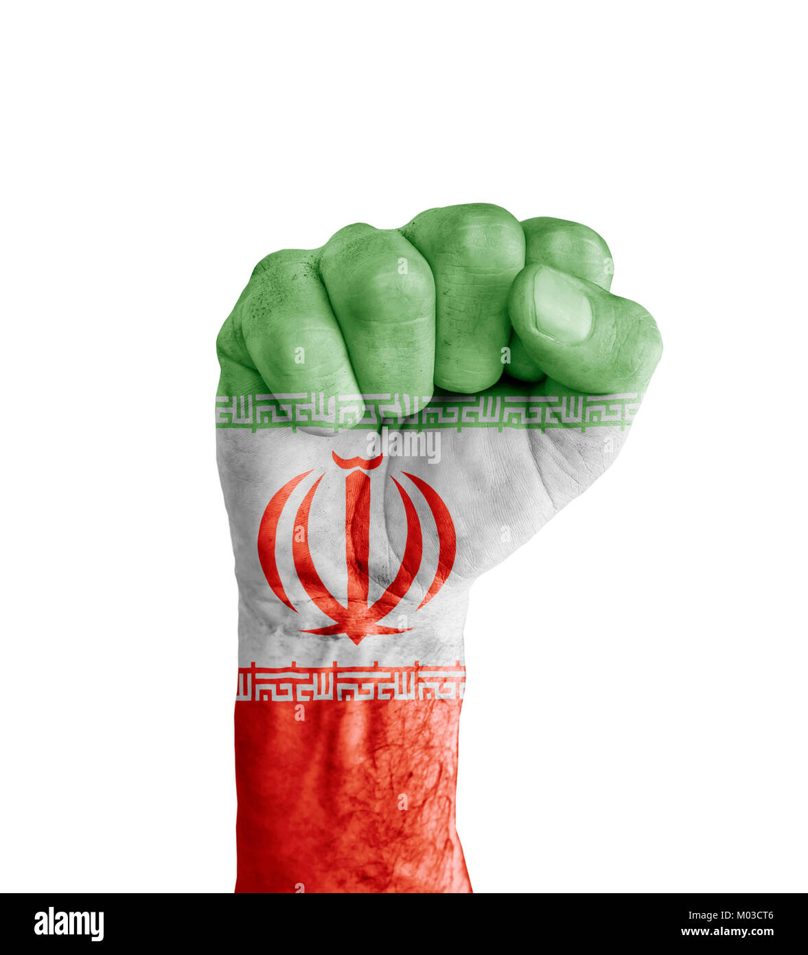 Bandiera dell'Iran dipinta sul pugno umano come simbolo della vittoria Foto Stock