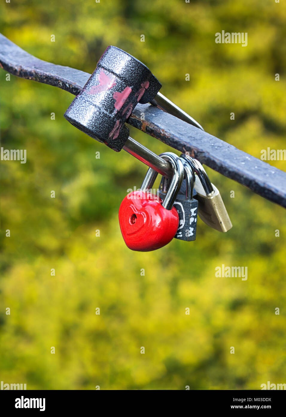 Lucchetto a forma di cuore sulla recinzione di ponte a Kiev, simbolo dell'amore. Con lo spazio di testo. Foto Stock