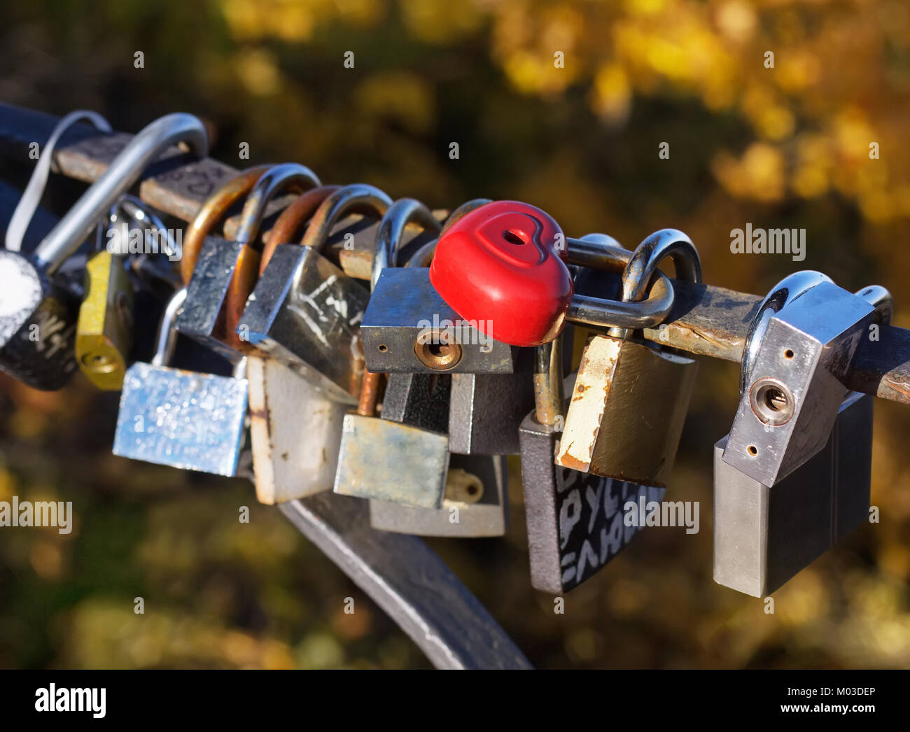Lucchetti sul recinto sul ponte in Kiev, simbolo dell'amore Foto Stock