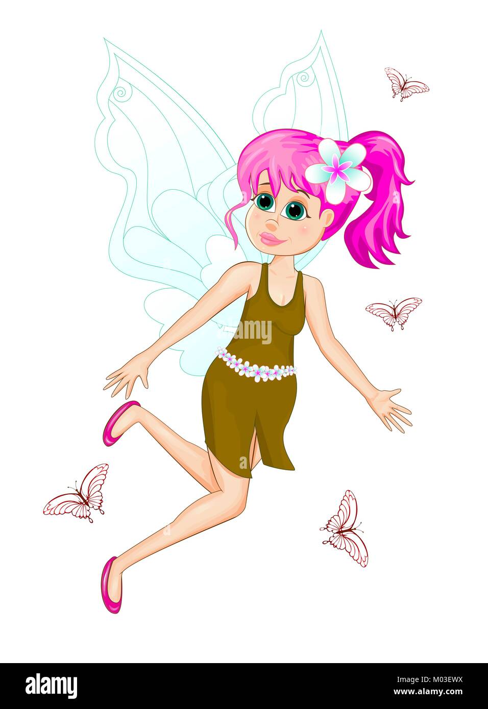 Fata con capelli rosa. Cartoon fata nel vestire e con fiore nei capelli su sfondo bianco. Flying fairy e farfalle. Illustrazione Vettoriale