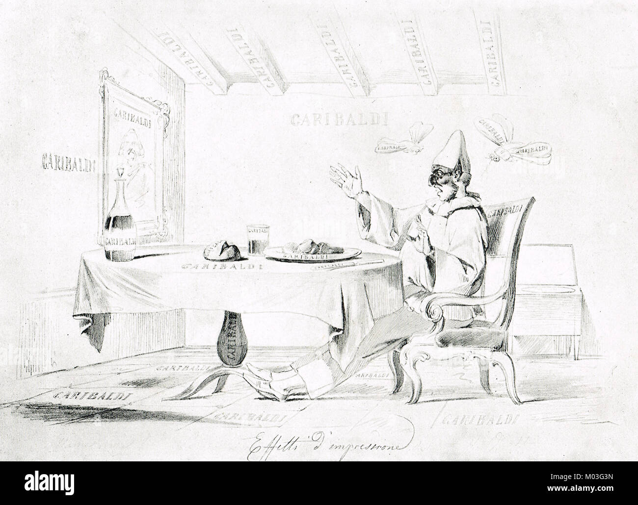 Il re Ferdinando caricatured come Pulcinella, Ferdinando II delle Due Sicilie, circondato da parla di Garibaldi Foto Stock