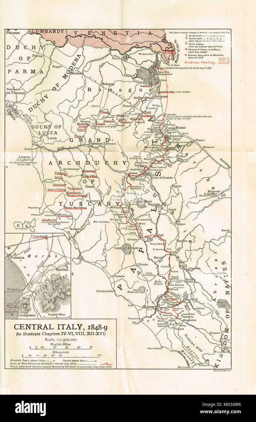 Pre Mappa di unificazione di Italia 1848-49, mostra Garibaldi del ritiro da Roma Foto Stock