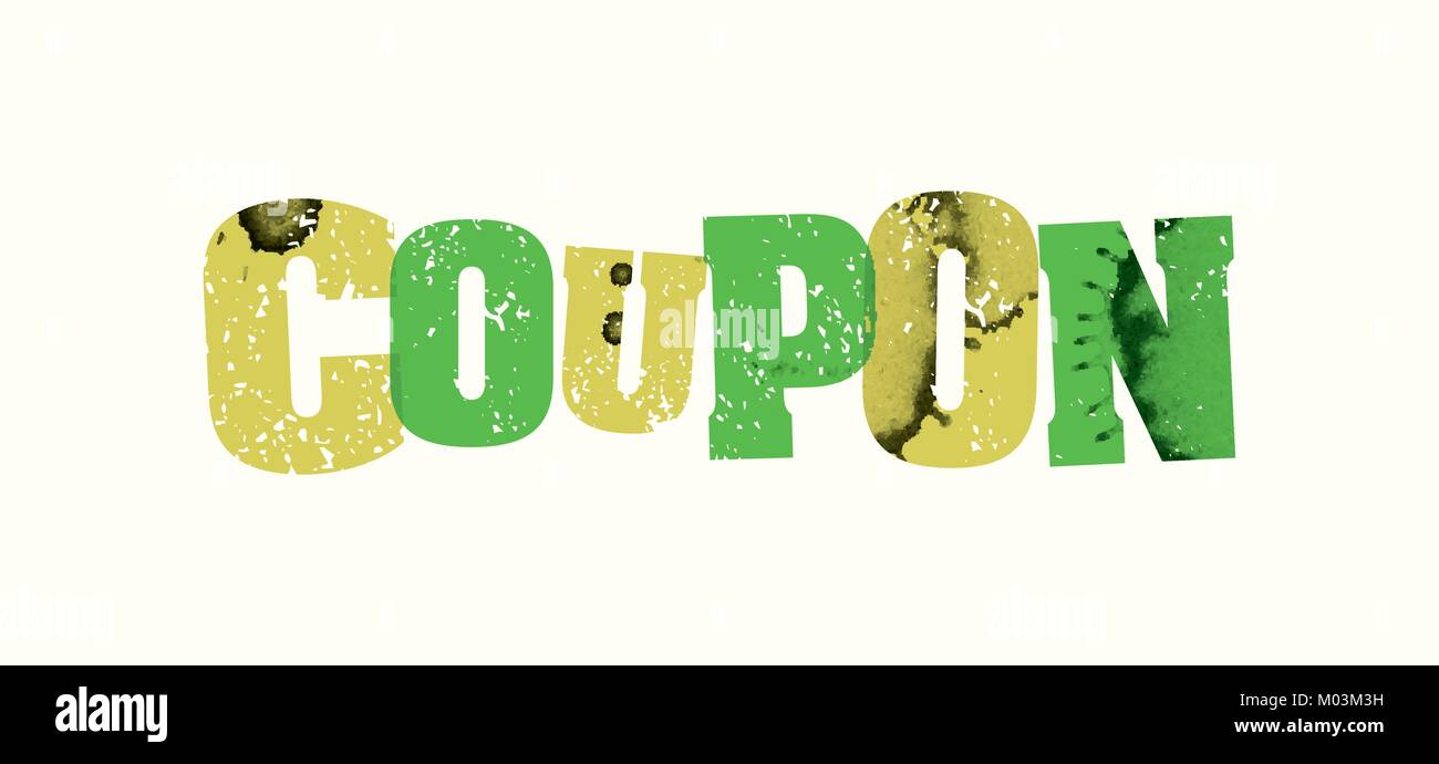 La parola concetto coupon stampato in tipografia lato stampigliato colorati vernice grunge e inchiostro. EPS vettoriali 10 disponibili. Illustrazione Vettoriale