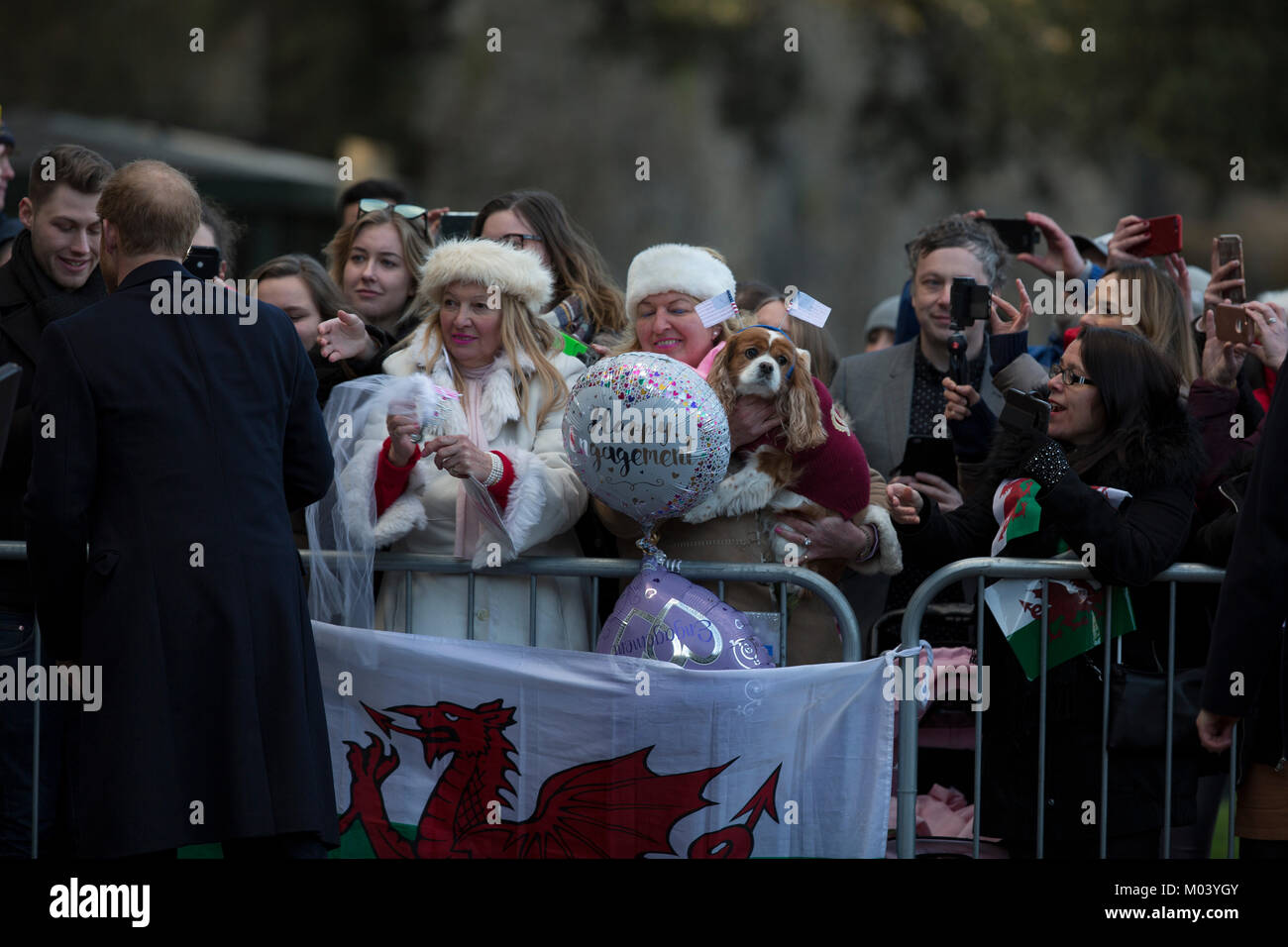 Cardiff, Regno Unito. Xviii gen, 2018. desiderosi folla salutare il principe Harry e la Sig.ra Meghan Markle sul loro impegno reale tour della Gran Bretagna Credito: Beks Matthews/Alamy Live News Foto Stock