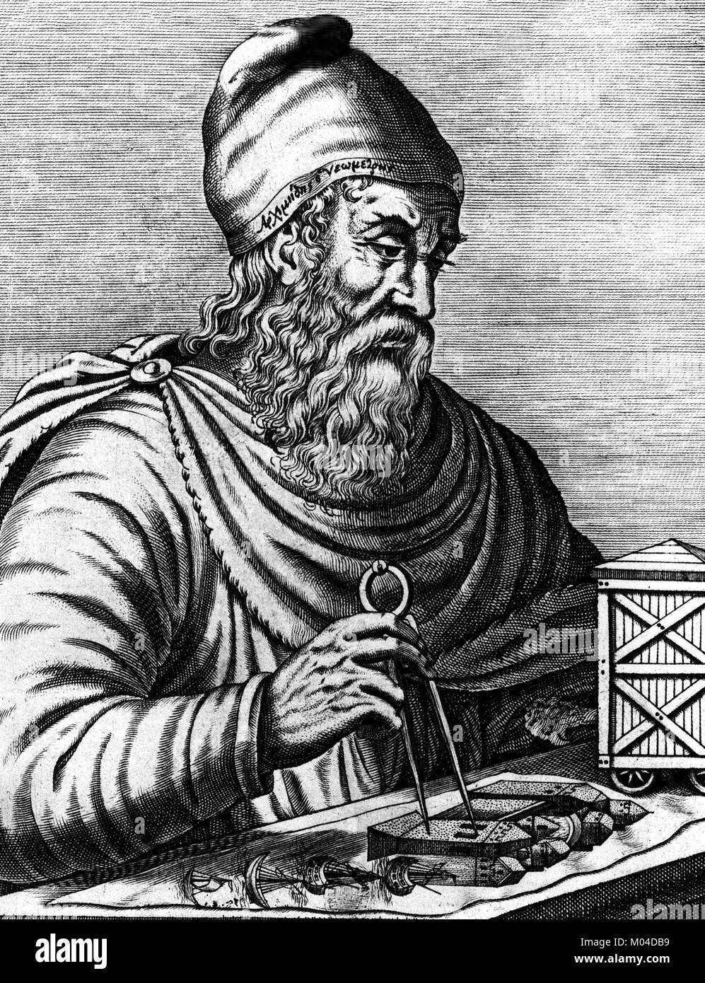 Archimede (c.287-212 BC). Incisione del matematico greco da circa 1584 Foto Stock