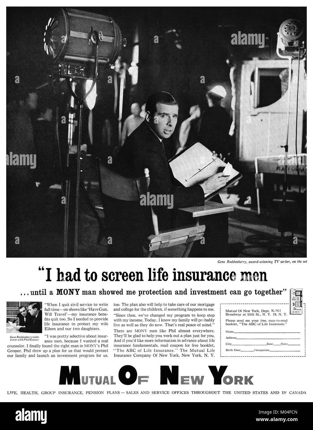 1961 pubblicità negli Stati Uniti per il reciproco di New York, dotate di televisione writer Gene Roddenberry, pochi anni prima della creazione di Star Trek. Foto Stock