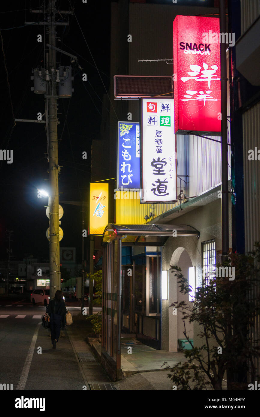 Insegne al neon di snack, Tsuruoka City, prefettura di Yamagata, Giappone Foto Stock