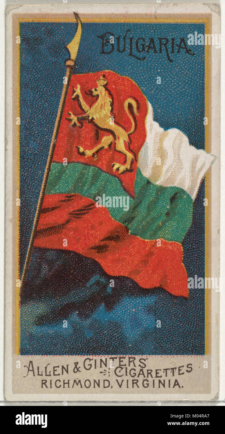 La bandiera della Bulgaria, dalla serie *Flags of All Nations* di Allen & Ginter, è stata prodotta come parte di un set di carte da collezione per sigarette. Questa carta mette in evidenza l'identità nazionale della Bulgaria e funge da artefatto storico della fine del XIX secolo. Foto Stock