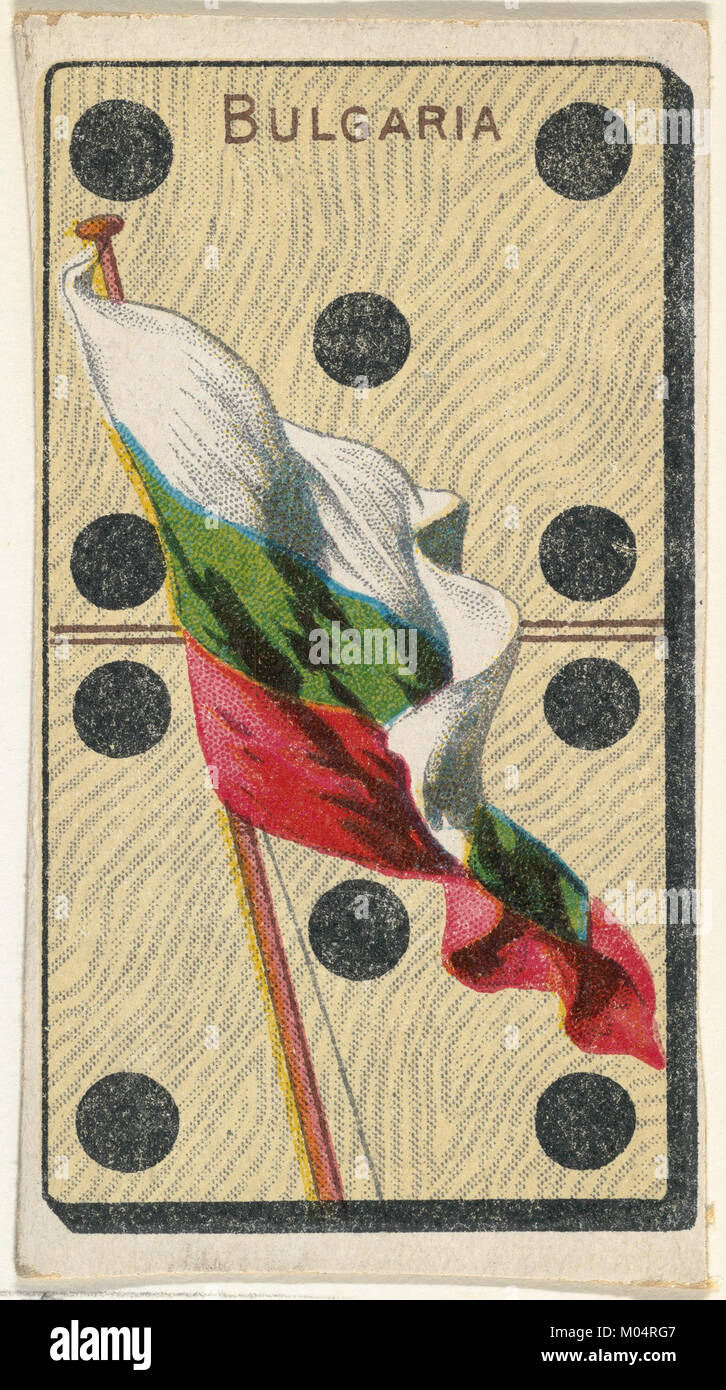 Una carta del tabacco della serie National Flag on Domino, con la bandiera della Bulgaria. Questa carta faceva parte di un set promozionale per le sigarette Sweet Caporal. Foto Stock