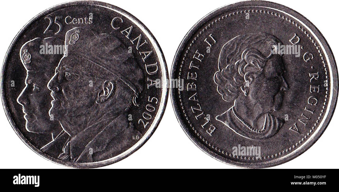 Il quartiere canadese del 2005, del valore di 0,25 dollari, presenta un disegno in onore dei veterani canadesi, che riflette il rispetto della nazione per il servizio militare e il sacrificio. Foto Stock