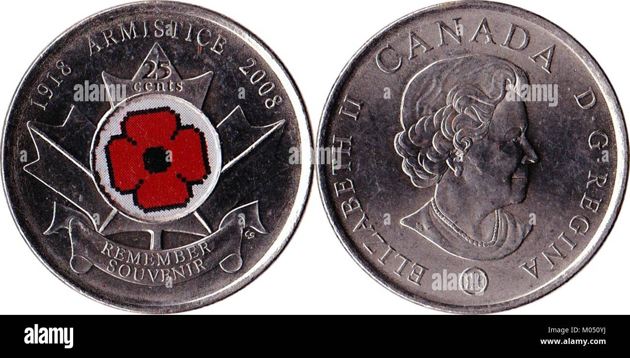 Il trimestre canadese del 2008, del valore di $ 0,25, è una moneta emessa per commemorare un evento importante o una pietra miliare nella storia canadese. Il suo design riflette il patrimonio culturale canadese. Foto Stock