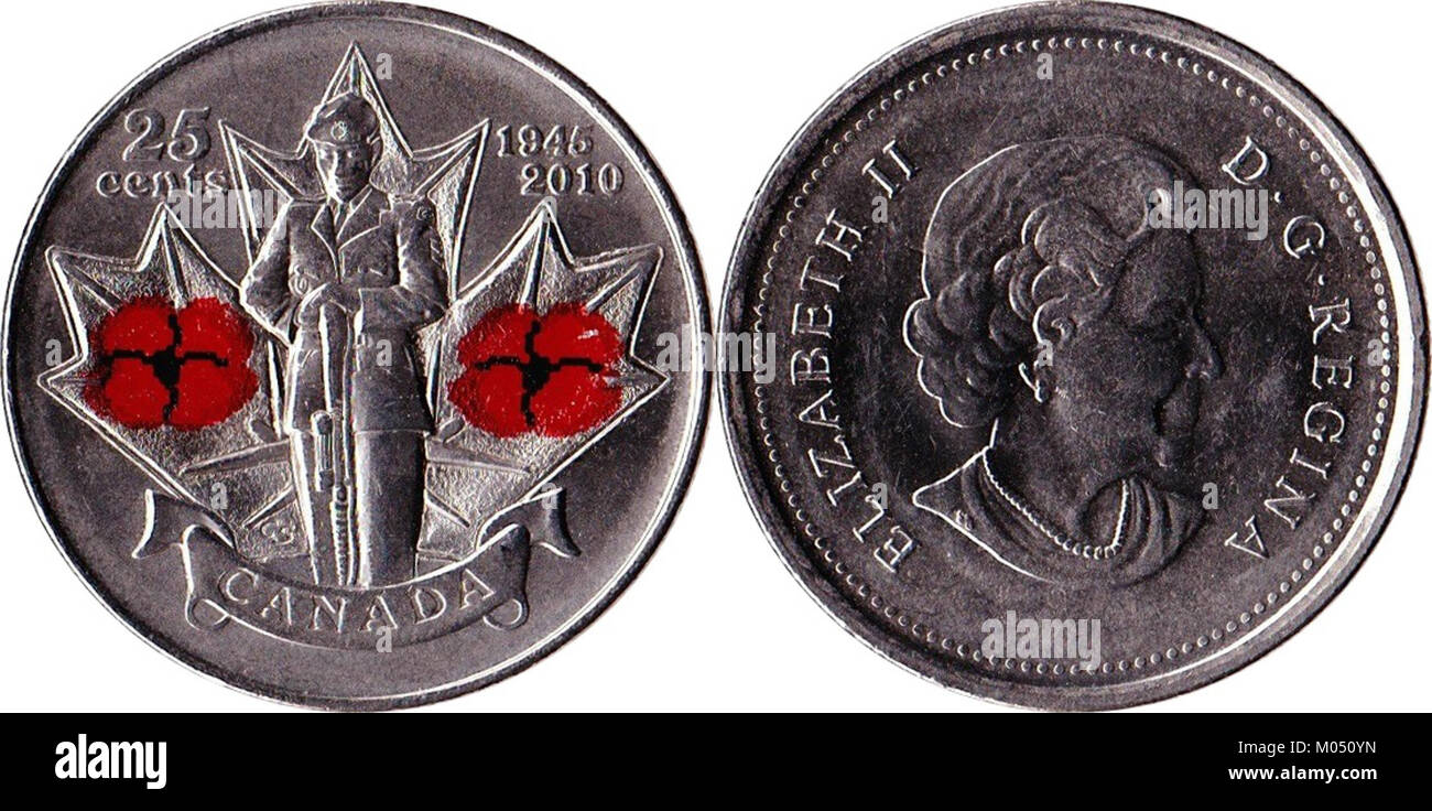 Una moneta canadese del valore di 25 centesimi del 2010, emessa in commemorazione della seconda guerra mondiale. La moneta presenta elementi simbolici che riflettono il ruolo del Canada nella guerra. Foto Stock