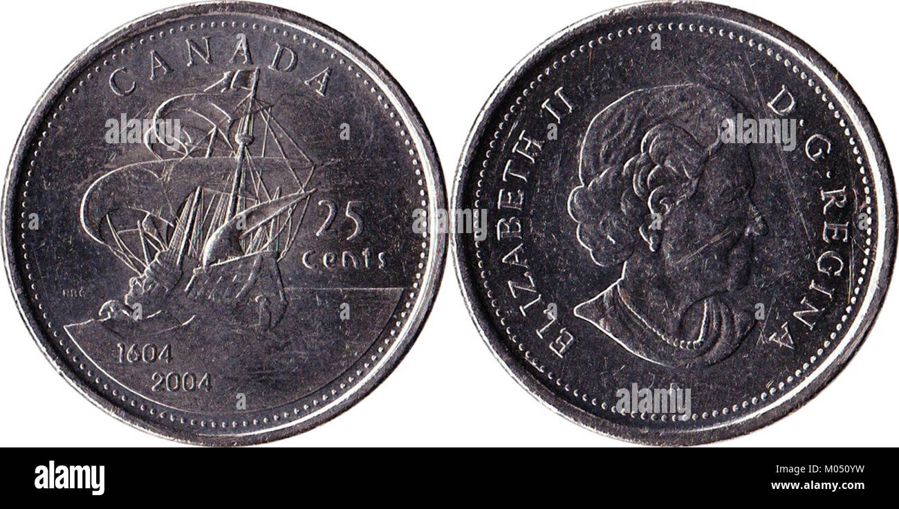 Il quartiere canadese del 2004, del valore di 0,25 dollari, commemora l'insediamento francese in Canada. Evidenzia il significato storico dell'influenza coloniale francese sulla storia canadese. Foto Stock