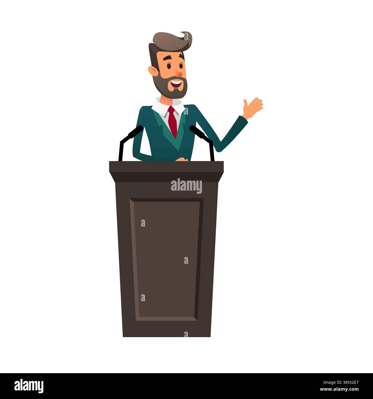 Il docente a ridosso del podio. L'altoparlante lezioni e gesti. Un giovane politico parla al pubblico. Illustrazione Vettoriale