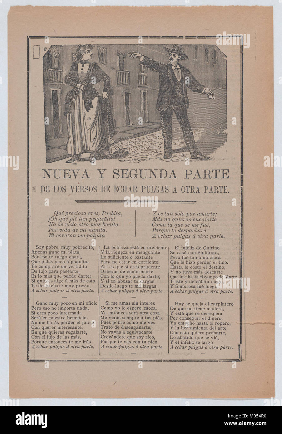 Questo foglio, datato agli inizi del XIX secolo, raffigura una narrazione sociale di un povero uomo innamorato di una donna ricca. L'immagine mostra la coppia in una disputa pubblica, che riflette le divisioni di classe e le tensioni sociali del tempo. Foto Stock