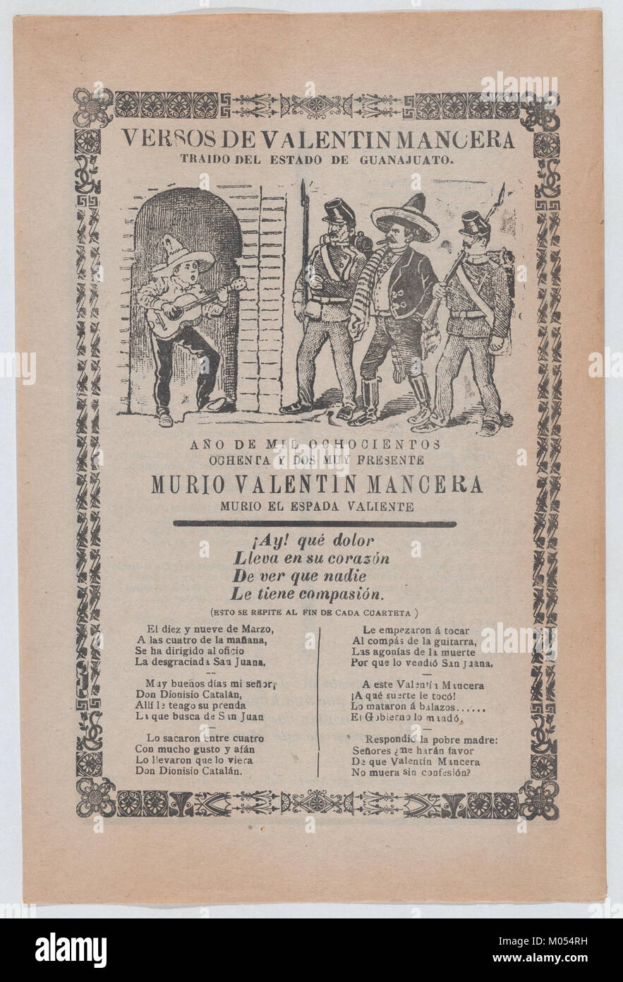 Questo foglio raffigura la cattura di Valentin Mancera, mostrandogli che suona la chitarra mentre è circondato da uomini armati in uniforme. L'immagine cattura un momento teso di conflitto, mettendo in evidenza sia la posta in gioco personale che sociale coinvolta nella sua cattura. Foto Stock