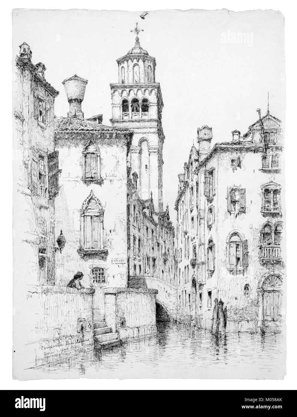 Il Campanile San Stefano è uno storico campanile a Venezia, in Italia, noto per il suo design architettonico. Fa parte della Chiesa di San Stefano. Foto Stock