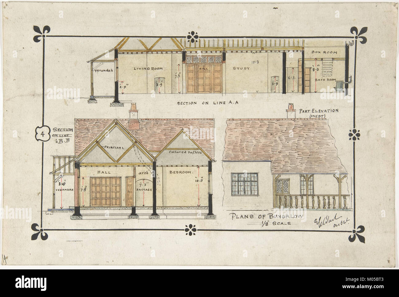 Bungalow disegno -- Western elevazione e interior incontrato DP804279 Foto Stock