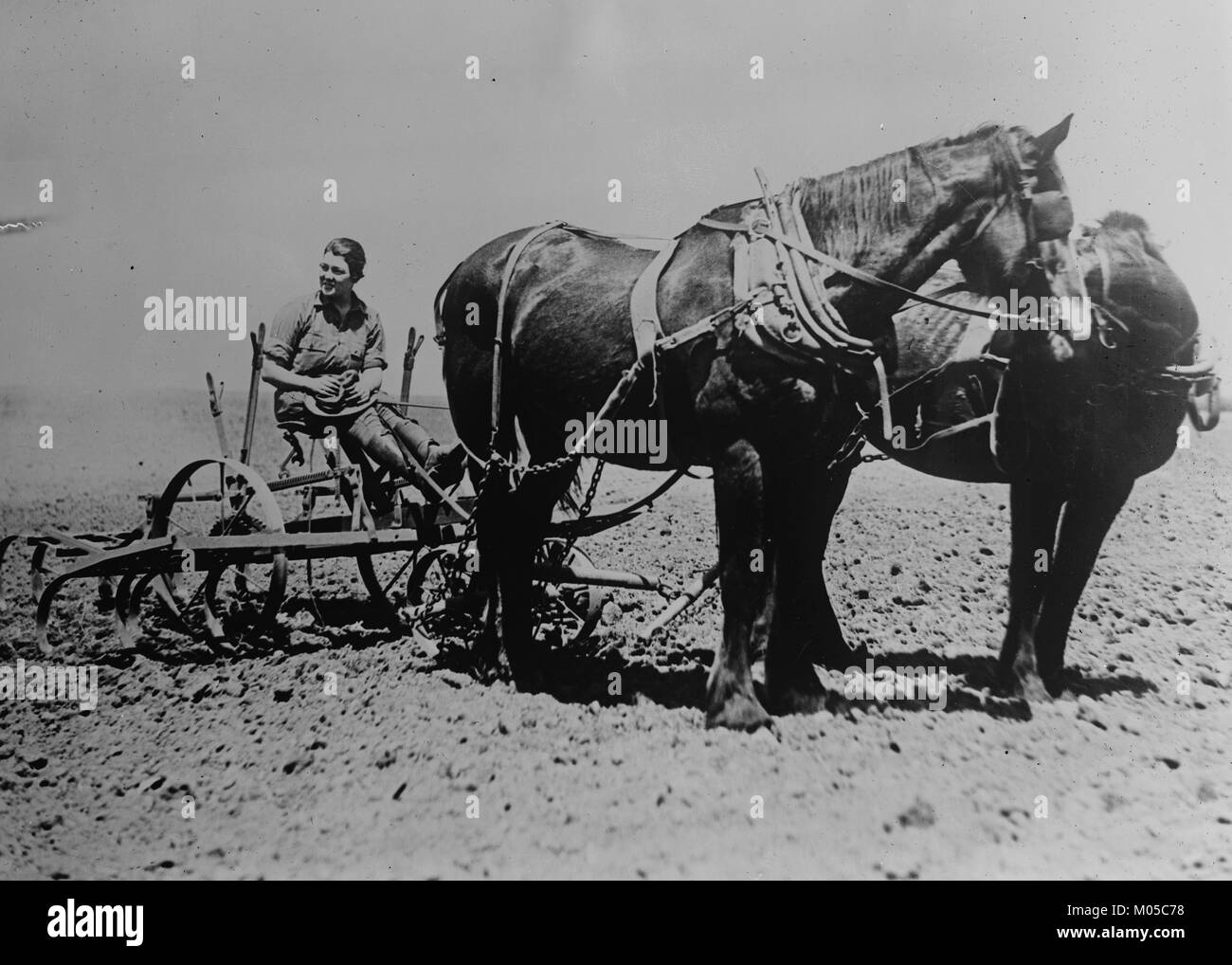 Donna esercito di terra, l'aratura di un campo Foto Stock