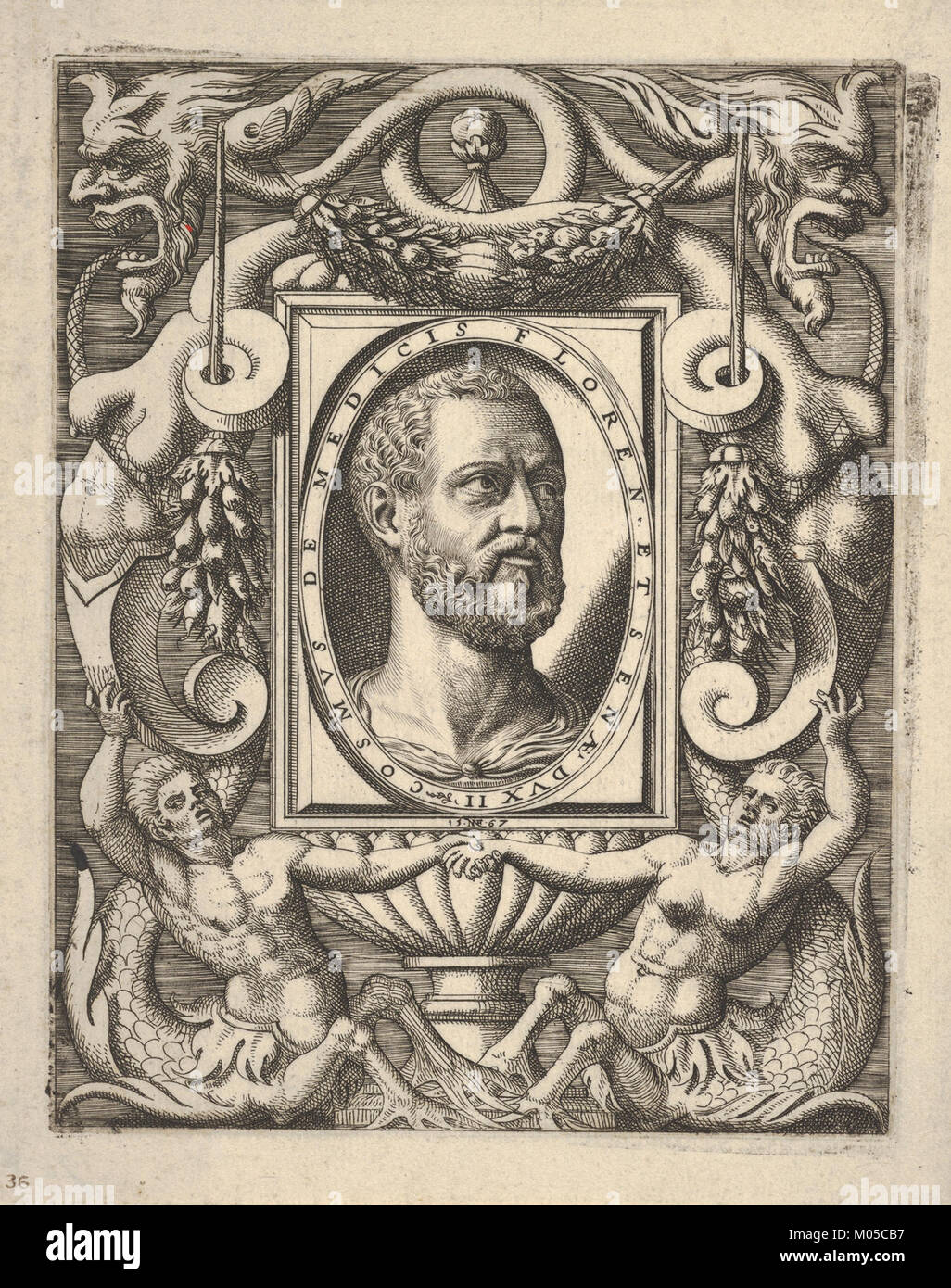 Busto ritratto di Cosimo I de' Medici, in un ovale set di frame all'interno di una placca rettangolare, circondato da fantastici ornamento incontrato DP832619 Foto Stock