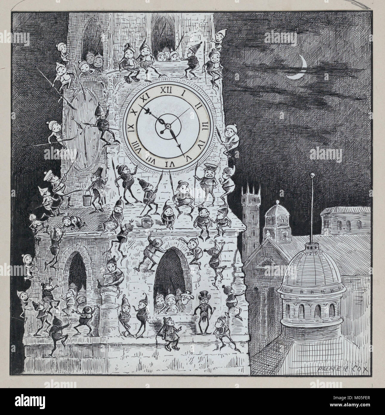 La fotografia intitolata *Brownies in the Clock Tower* mostra un gruppo di individui all'interno di una torre dell'orologio, probabilmente scattata durante un evento storico o come parte di un incontro sociale, che mostra un momento unico nel tempo. Foto Stock