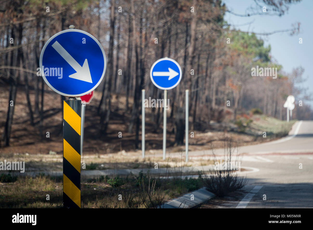 Mantenere la destra le indicazioni stradali. La freccia nel cerchio blu. Foto Stock