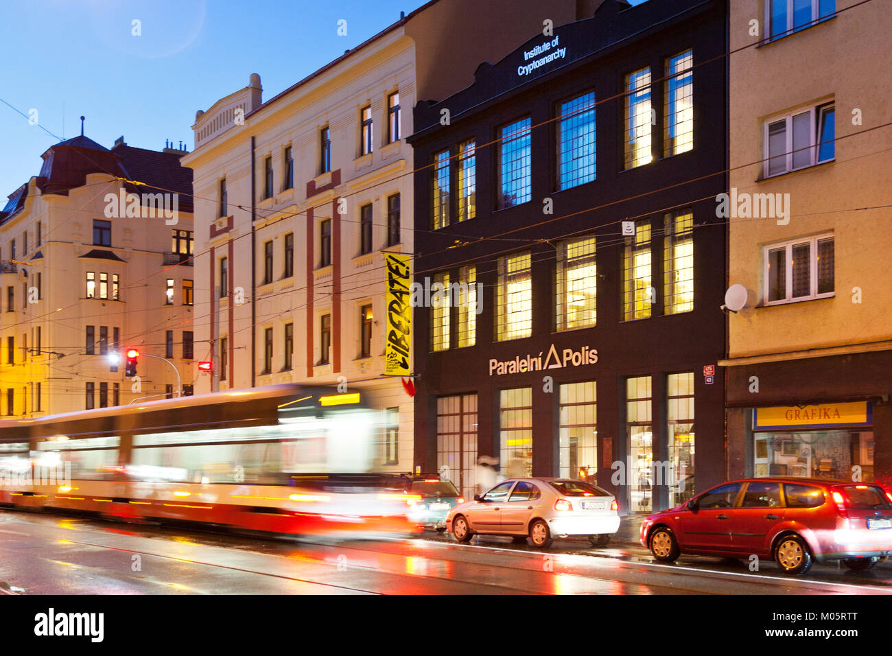 Paralelni Polis Bitcoin con caffè e coworking posizionare la carta mozzo, Istituto di Cryptoanarchy, Holesovice district, Praga, Repubblica Ceca Foto Stock