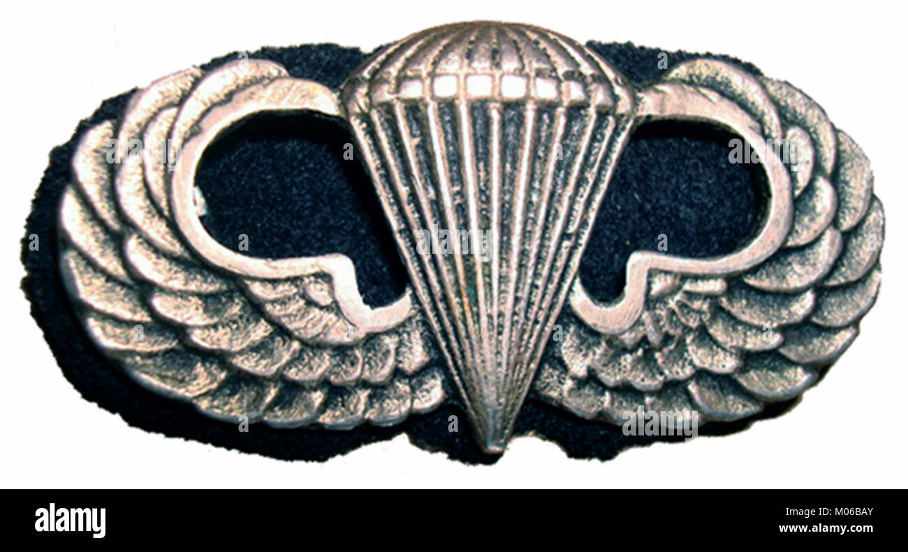 Il brevet de parachutiste è un distintivo militare assegnato ai paracadutisti che completano l'addestramento al paracadute, simboleggiando abilità, coraggio e operazioni aviotrasportate. Foto Stock