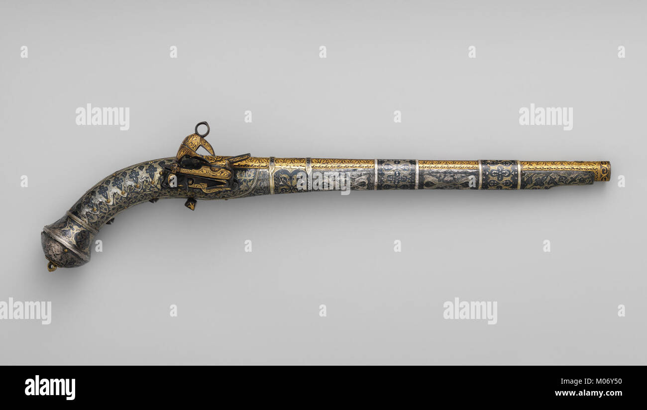 Una pistola Miquelet del XVII secolo, che mostra il suo caratteristico meccanismo di blocco, l'artigianato e l'uso in contesti militari e civili. Foto Stock