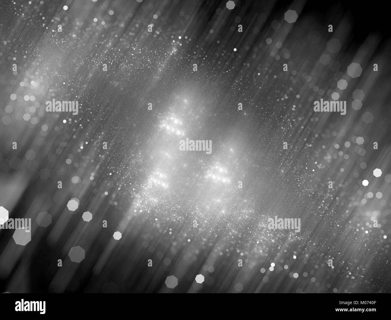 Universo incandescente con bokeh particelle con motion blur, bianco e nero, texture generate al computer sfondo astratto, rendering 3D Foto Stock