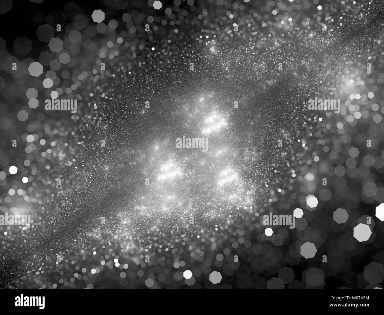 Universo incandescente con particelle bokeh di fondo , in bianco e nero di consistenza, generato dal computer sfondo astratto, rendering 3D Foto Stock