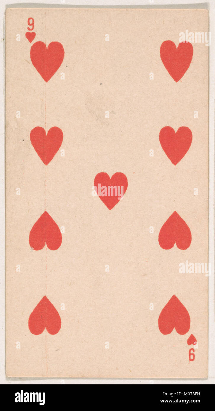 Questa carta "Nine of Hearts" di Kinney Bros. La serie di carte da gioco trasparenti esemplifica il design e l'innovazione delle carte da gioco dei primi anni del XX secolo. Foto Stock