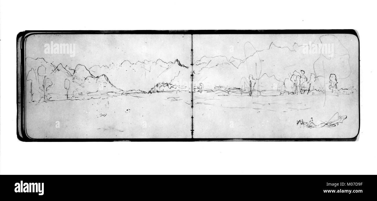 Questo schizzo di paesaggio di montagna cattura le caratteristiche naturali del terreno montano, enfatizzando la struttura, la forma e la rappresentazione artistica all'interno di un libro di schizzi. Foto Stock