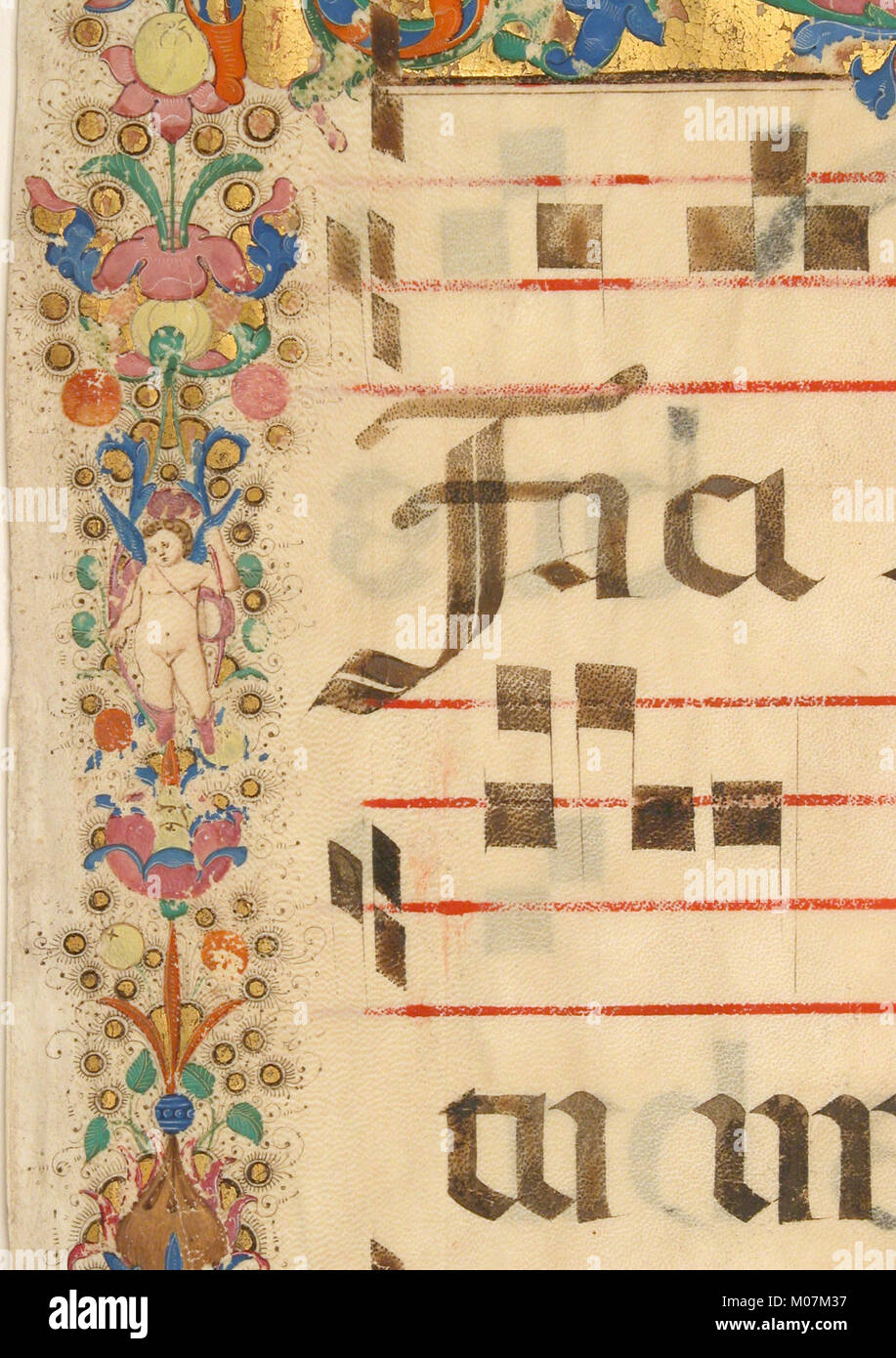 Questa foglia di manoscritto raffigura l'entrata a Gerusalemme la domenica delle Palme all'interno di una "D" iniziale da una graduale, che illustra l'arte e la scrittura religiosa medievale. Foto Stock