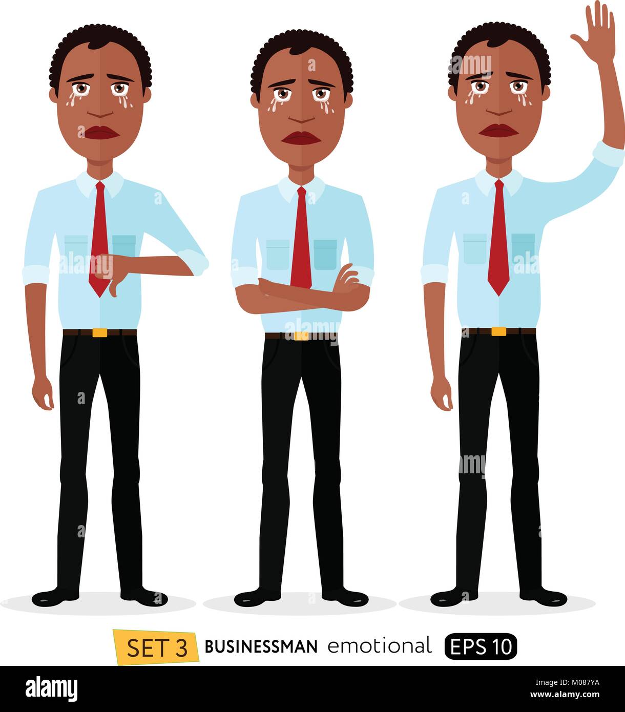 Imprenditore è triste concetto di pianto illustrazione vettoriale cartoon insieme di emozioni per african american business man. Illustrazione Vettoriale