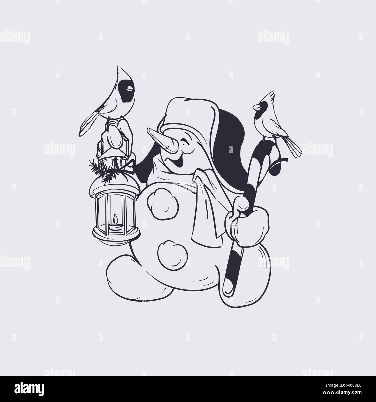 Carino sorridente pupazzo di neve con la caramella la canna da zucchero e la Lanterna, il cardinale bird Illustrazione Vettoriale