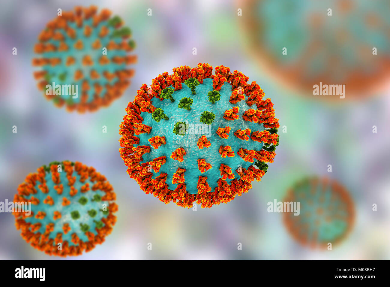 Virus influenzali di ceppo H3N2. 3D illustrazione che mostra la superficie dei picchi di glicoproteina emoagglutinina (arancione) e neuraminidasi (verde) su un influenza (flu) particella di virus. Con emoagglutinina svolge un ruolo in attacco del virus respiratorio umano cellule. Neuraminidasi gioca un ruolo nel rilascio di nuova formazione di particelle di virus da una cellula infettata. H3N2 virus sono in grado di infettare gli uccelli e i mammiferi così come gli esseri umani. Essi sono spesso causa di più gravi infezioni nei giovani e anziani rispetto ad altri ceppi influenzali e può portare ad aumenti di ricoveri e decessi. Foto Stock