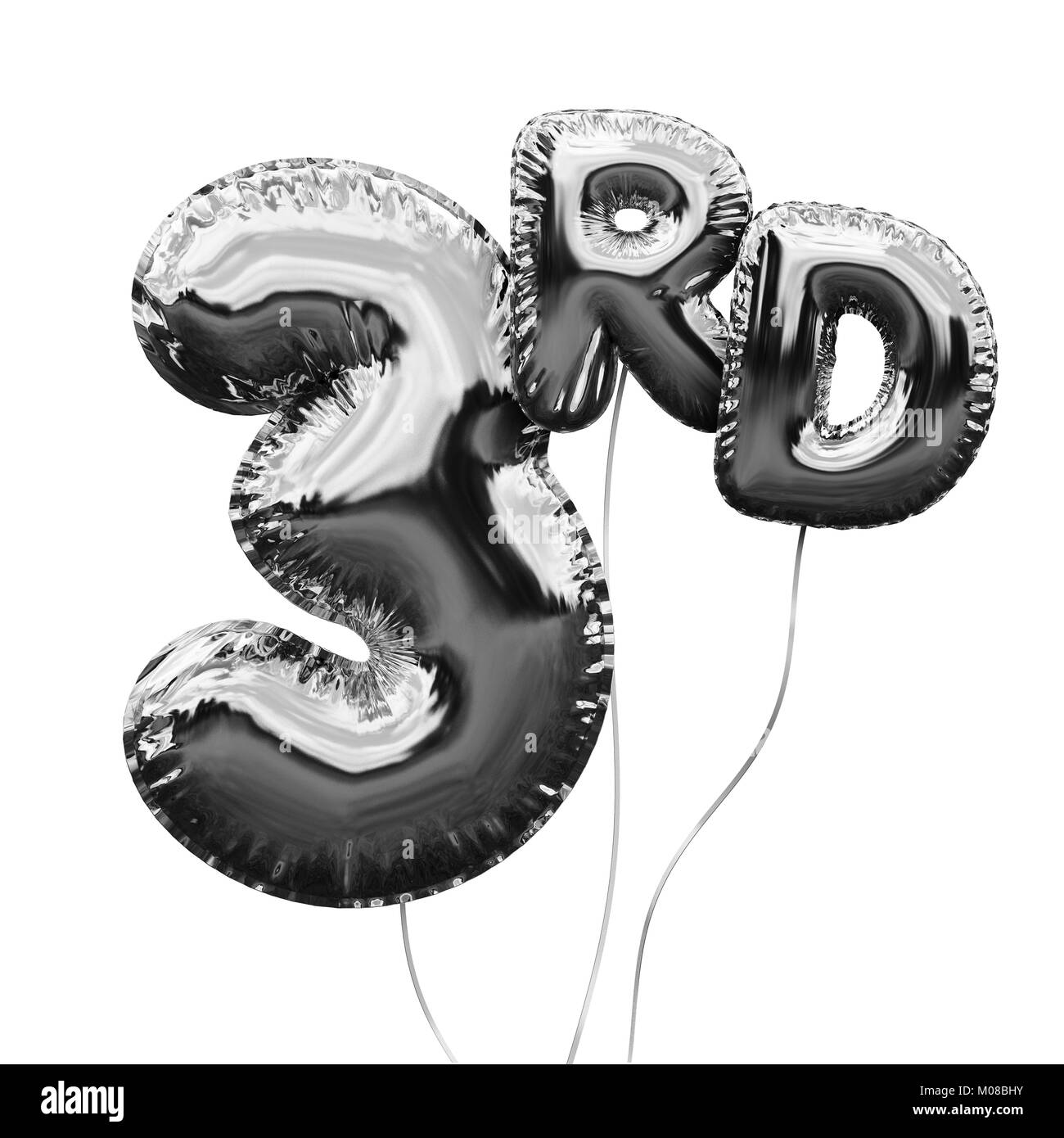Numero Gold 3 foglio di palloncino di compleanno isolato su bianco. Golden party celebrazione. Il rendering 3D Foto Stock
