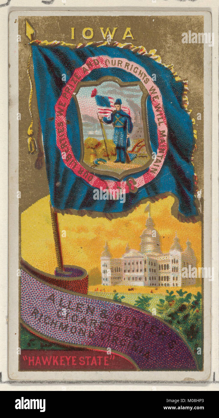 Questa carta di tabacco con bandiera dell'Iowa è servita come oggetto promozionale alla fine del XIX secolo, evidenziando il simbolismo e il patrimonio dello stato. Foto Stock
