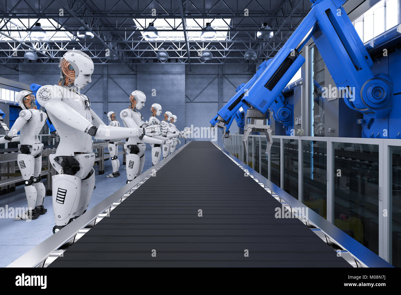 3D rendering robot linea di assemblaggio con bracci robot e cyborg Foto  stock - Alamy