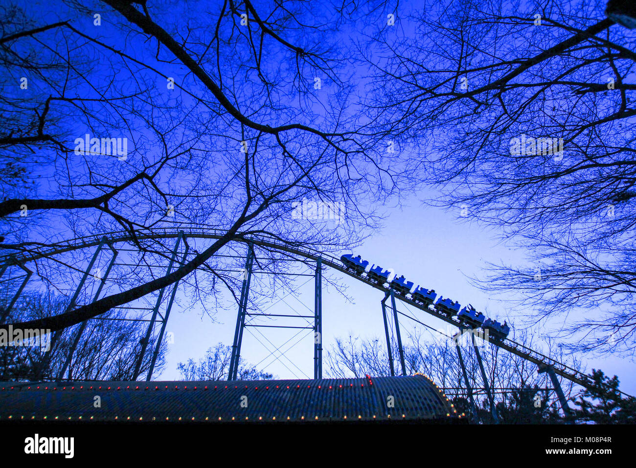 Ampio angolo di visione di un roller coaster in un parco a tema con rami e cielo blu. Un po' di rumore e di grano. Foto Stock