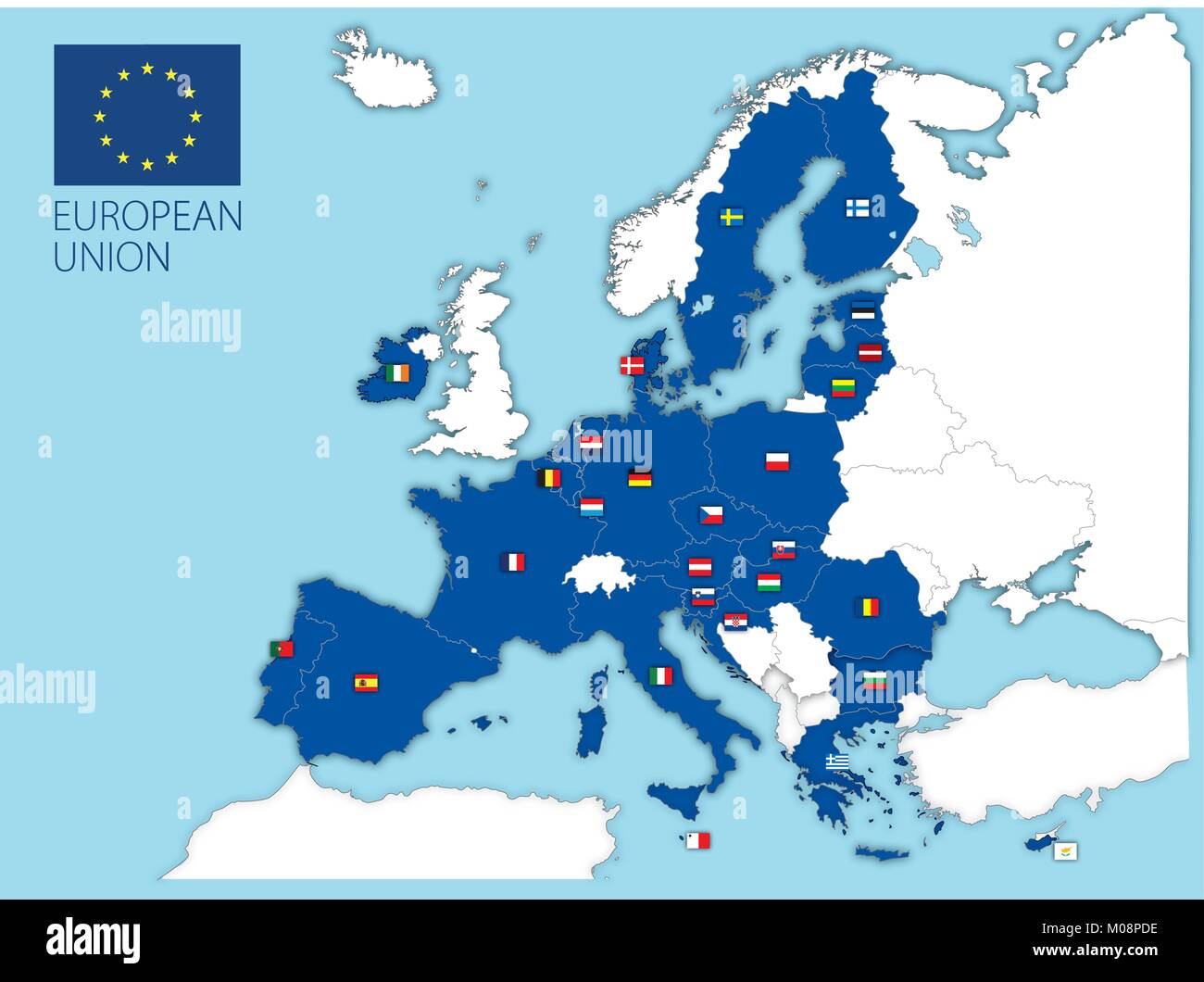 Unione Europea mappa e bandiere senza REGNO UNITO Illustrazione Vettoriale